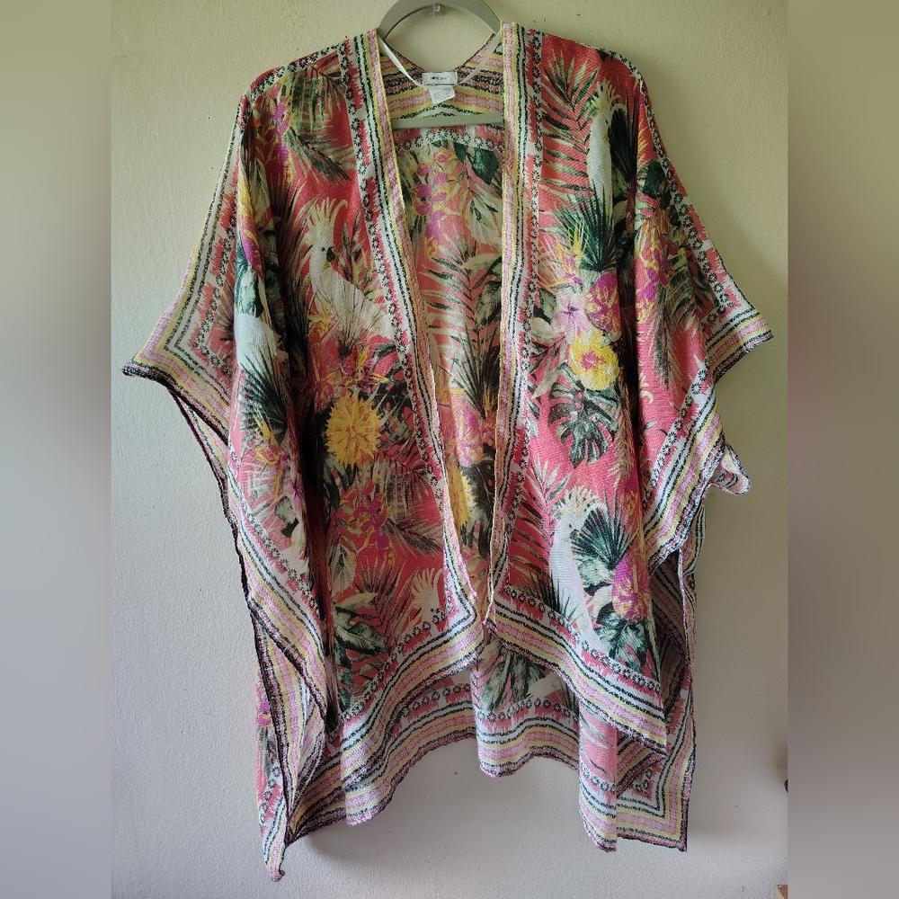 Nine West Pink Floral Beach Vacation Flowy Boho Scarf Print Kimono Cover Up OS
